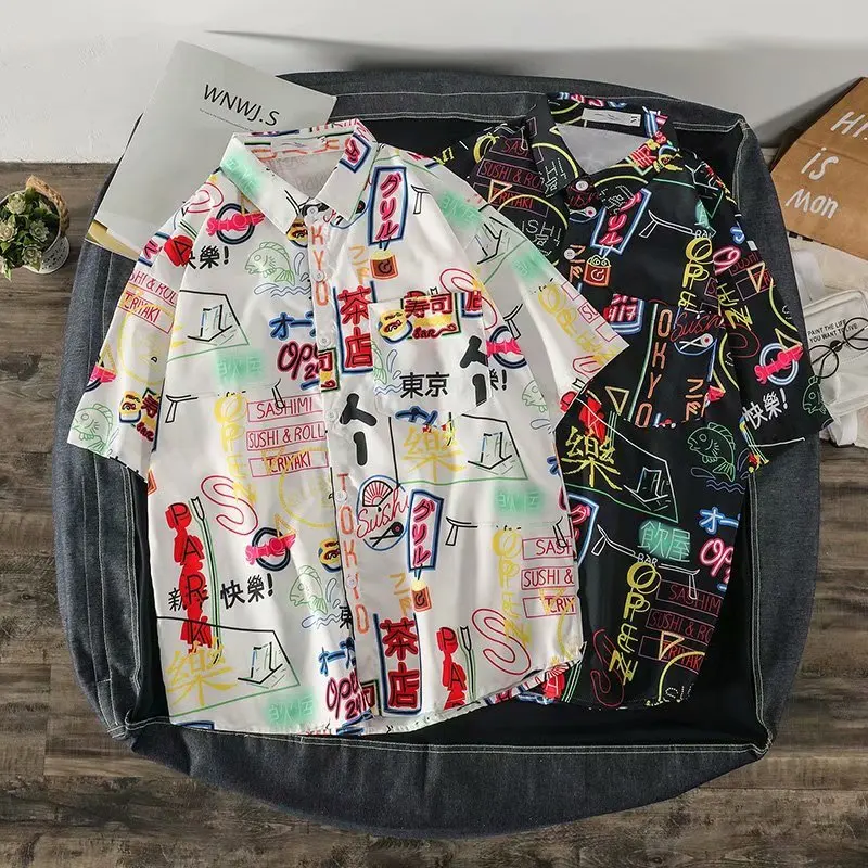 Harajuku Dark Icon Printed Hawaii Shirt Men Summer Men Shirt Short Sleeve Streetwear Clothing Hawaii Button Lapel Short Sleeves