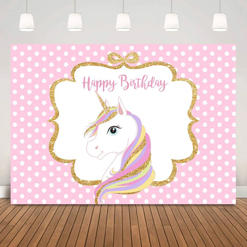 

Unicorn Children Happy Birthday Background Party Decoration Cartoon Pink White Dots Newborn Kids Customize Birthday Backdrop