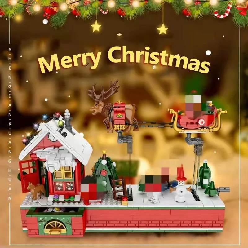 940pcs Flying Merry Christmas Xmas Party House Santa Claus Model Building Kit Blocks With 4 Dolls Toys For Children Gifts