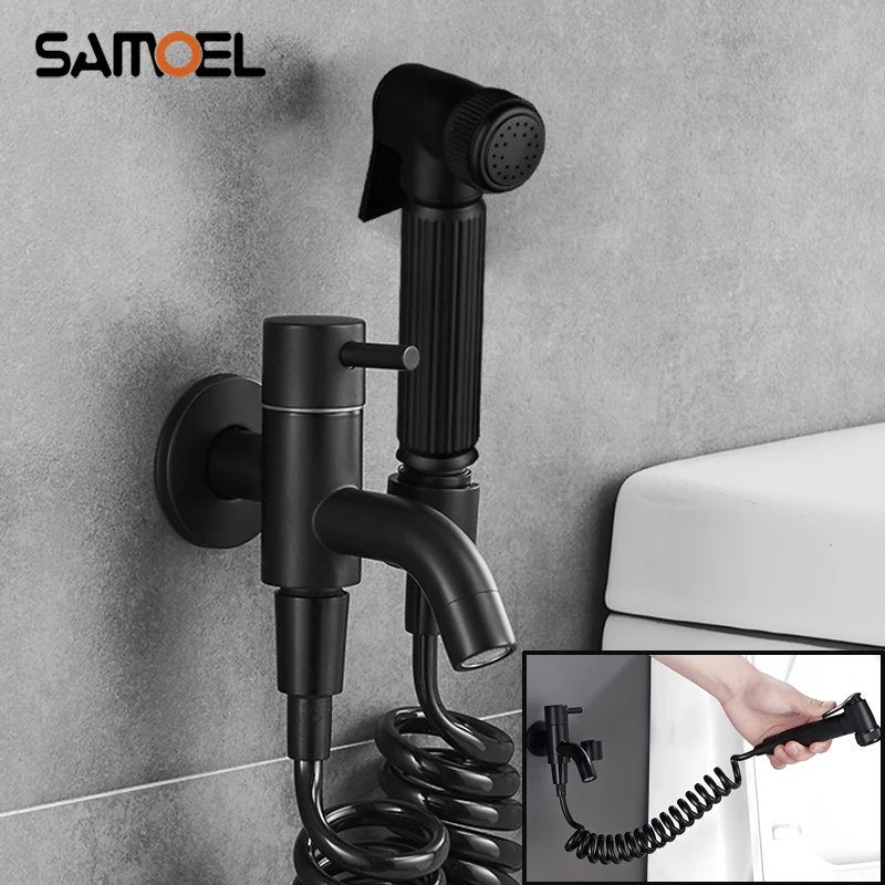 

Popular Brass Wall Mount Household Toilet Water Tap with Bidet Two Hole Matte Black Muslim Shattaf SF1061