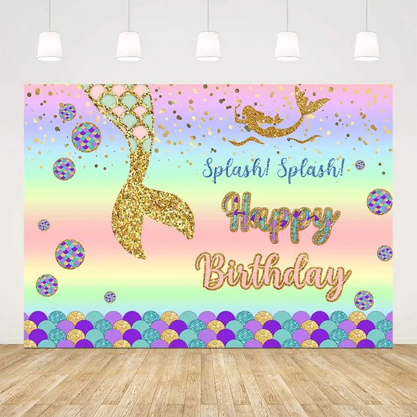 Happy birthday mermaid backdrop gold glitter photo background colorful mermaid background for photo studio customize photocall