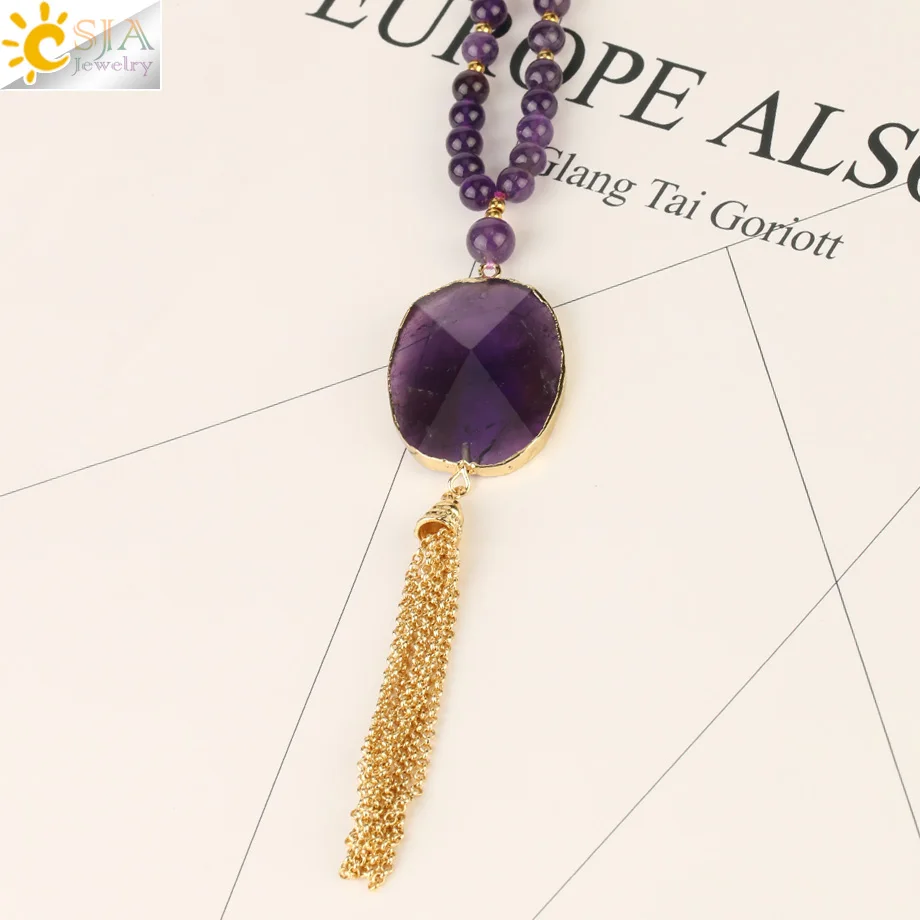 CSJA Amethysts Necklace Natural Stone Long Beads Purple Necklaces for Women Pendant Boho Gold Color Tassel Collar Amatista S470