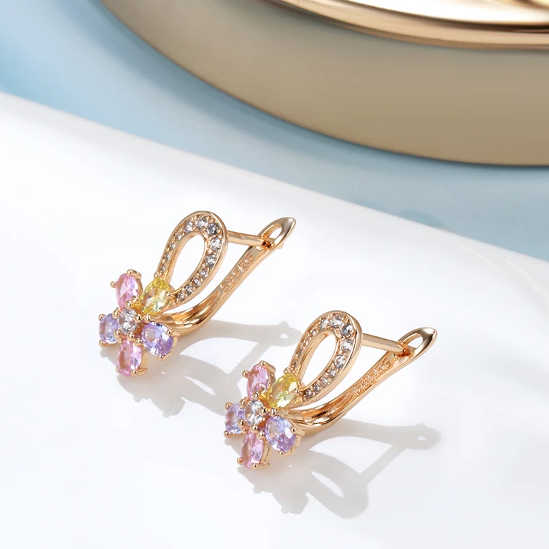 Kinel New 585 Rose Gold Flower Earrings Ring Sets For Women Colorful Natural Zircon Rings Fashion Bride Wedding Jewelry Set