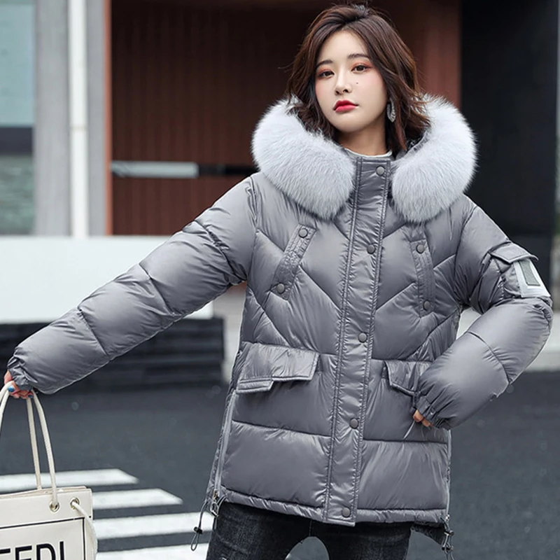 Short Down Padded Jacket Women Outerwear New Winter Bread Clothing Female Fashion Thick Fur Collar Loose Hooded Parka Jacket