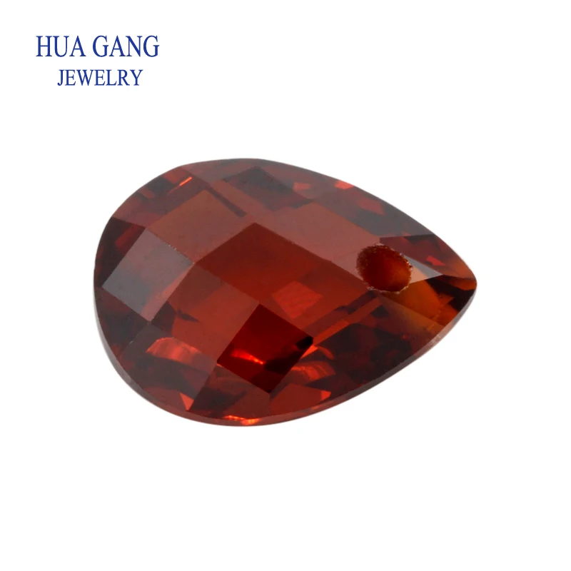 Garnet Loose CZ Stone With Hole Pear Shape Double CheckerBoard Synthetic Gems Cubic Zirconia For Jewelry 4x6~13x18mm