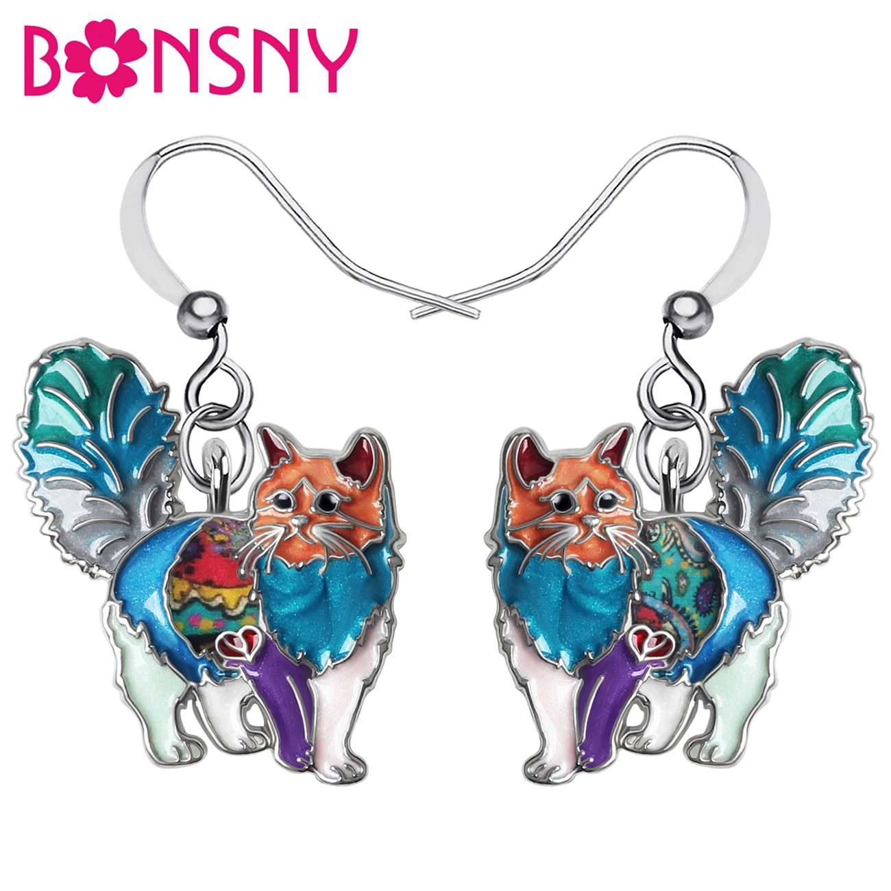 BONSNY Enamel Alloy Floral Elegant Hairy Cat KItten Earrings Big Drop Dangle Fashion Jewelry For Women Girls Teens Charm Gifts