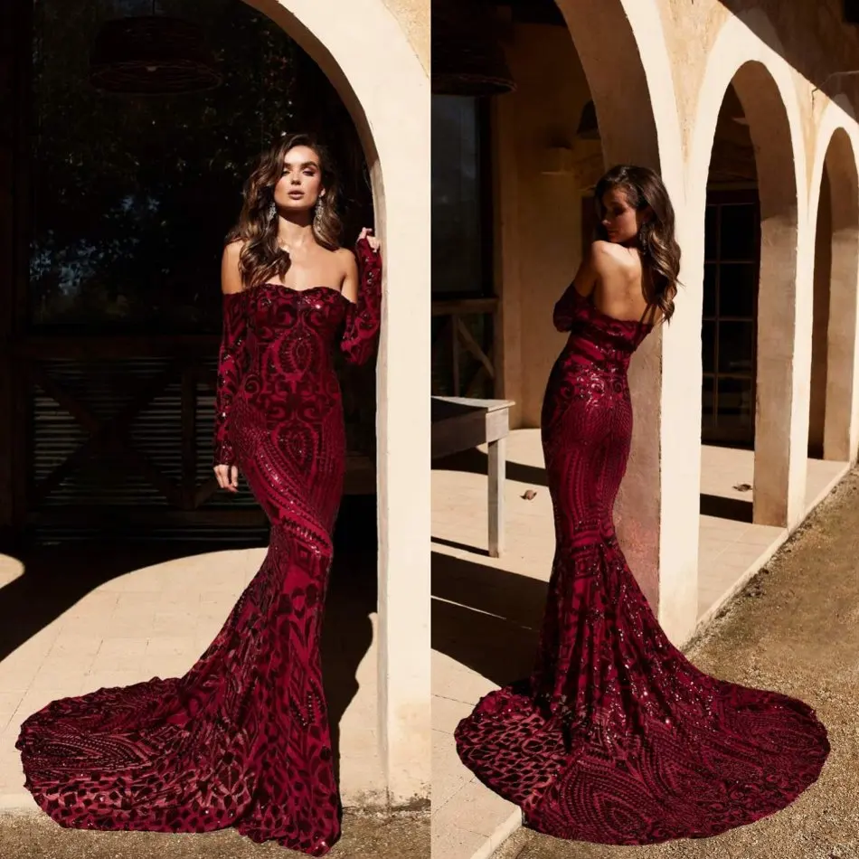 

Sparkly Burgundy Mermaid Prom Dresses Sequin Off The Shoulder Vestido De Festa Sweep Train Long Sleeve Evening Dress Party Gowns