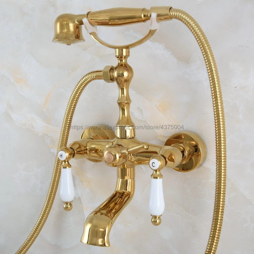 

Bathtub Faucet Gold Color Brass Deck Mounted Bathroom Tub Faucet Dual Handle W/ Hand Shower Sprayer Tub Mixer Tap Nna855