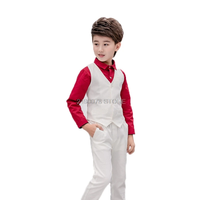 

Flower Boys Suit for Weddings Kids Formal Vest Shirt Pants Tie 4pcs Clothing Set Student Prom Performance Piano Dance Costume