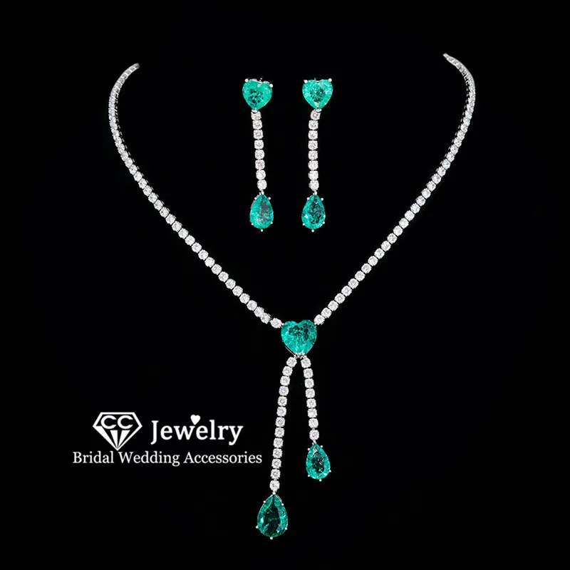 

CC создано изумрудное ожерелье и серьги для женщин, свадебные аксессуары, свадебное бижутерия, обручальное колье, ювелирные изделия в форме сердца HL078