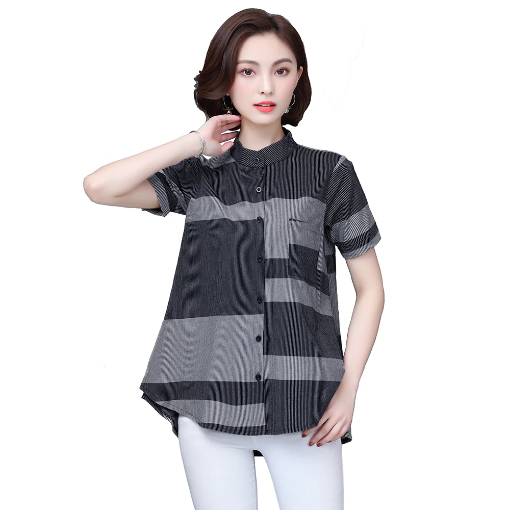 2021 Woman Summer Fashion Loose Plus Size Stand-Up Collar Short Sleeves Shirt Blouse