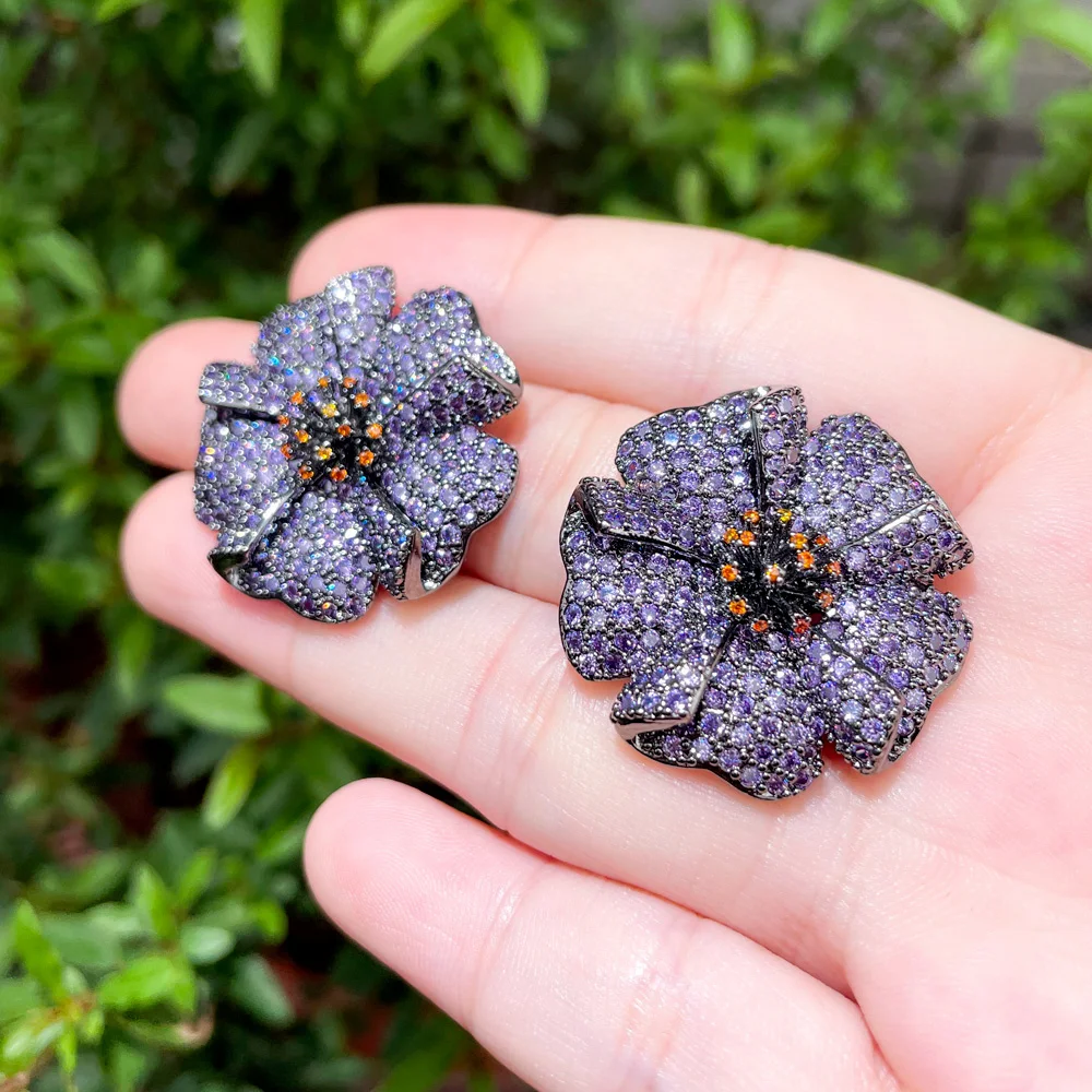 CWWZircons Gorgeous Violet Flower Purple Cubic Zirconia Crystal Big Stud Earrings for Women Wedding Party Gift Jewelry CZ909