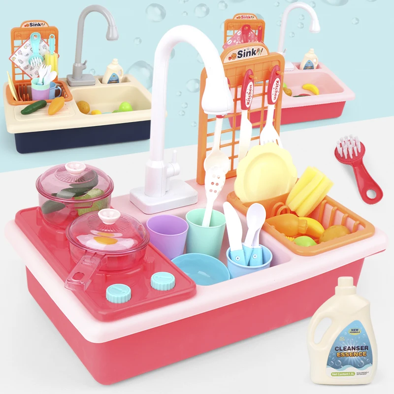 Kids Kitchen Simulation Toy Electric Sink Mini Kitchen Food Cutting and Washing Role-playing Pretend Game Toy Gift for Girl Boy