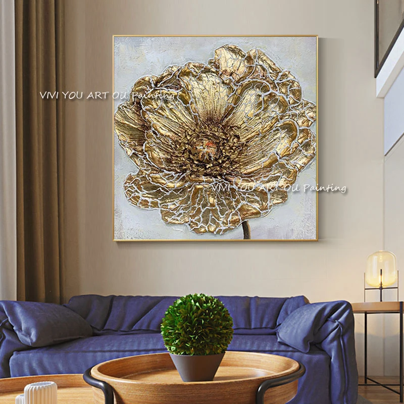 

The New Large Gold Flower 100% Handmade Canvas Painting Modern Artwork Pictures Thick Oil Wall Art Decoration For Home Office