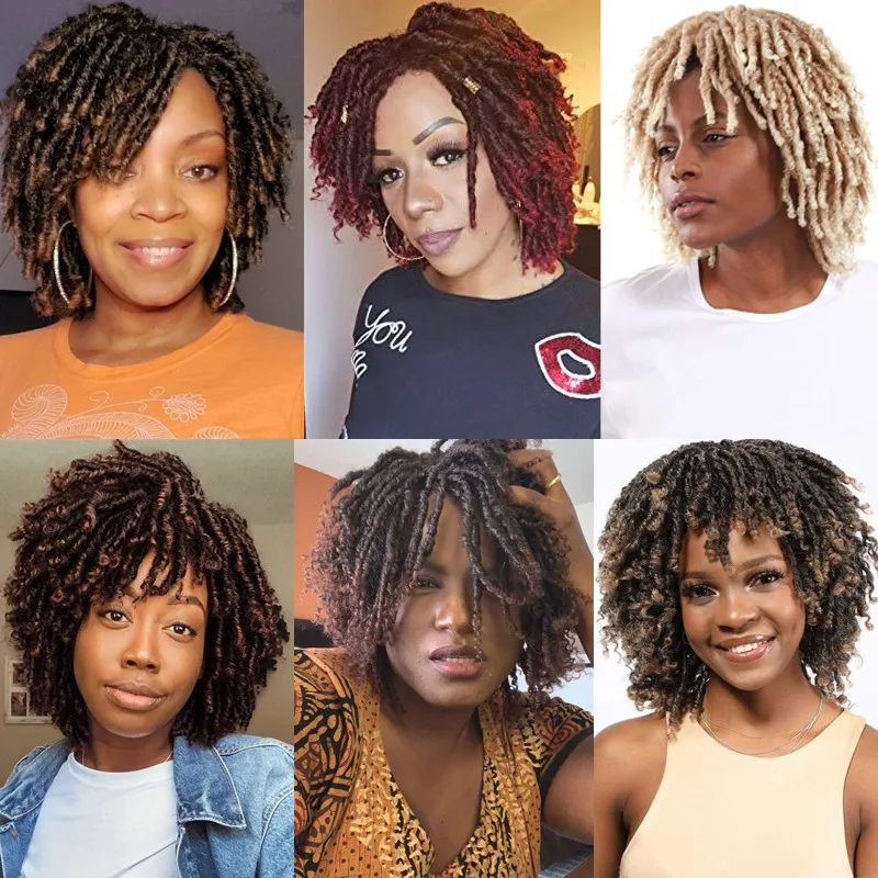 Short Dreadlock Hair Wig Curly Synthetic Soft Faux Locs Wigs With Bangs For Black Women Ombre Crochet Twist Hair Wigs