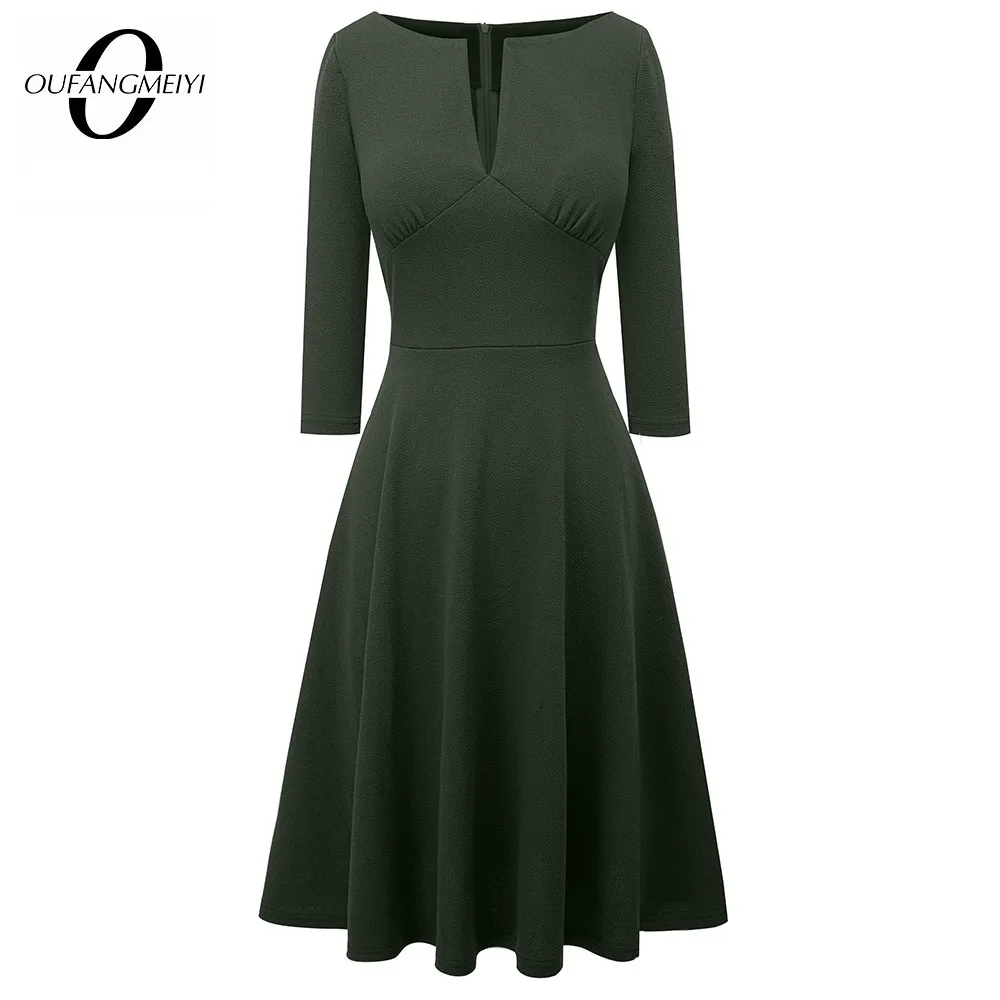 Frauen Beiläufige Reine Farbe Cut Out 3/4 Hülse Fit und Flare Schaukel A-Line Kleid EA289