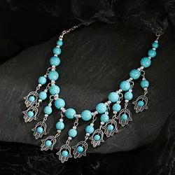 Ethnic Hand Alloy Pendants Palm Necklace Collier Femme Women's Vintage Turquoises Statement Jewelry Gifts 2021