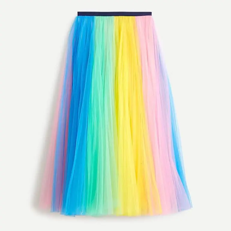 패션 칙 캔디 레인보우 혼합 색상 Tulle Skirt a 라인 소녀 신축성 허리 Mid-Calf Tiered Tulle 다채로운 여성 Maxi Skirts