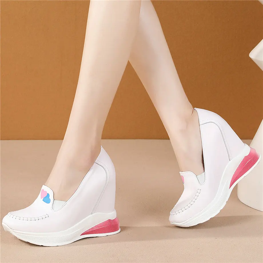 Platform Pumps Shoes Women Genuine Leather Wedges High Heel Ankle Boots Female Low Top Round Toe Fashion Sneakers Casual Shoes