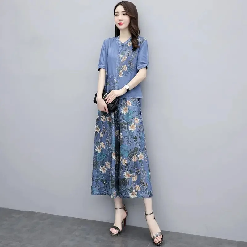 Female Splicing Denim Wide-Leg Pants Suit 2022 Summer New Women Korean Age-Reducing Fashionable Hakama Two-Piece Suit Printing