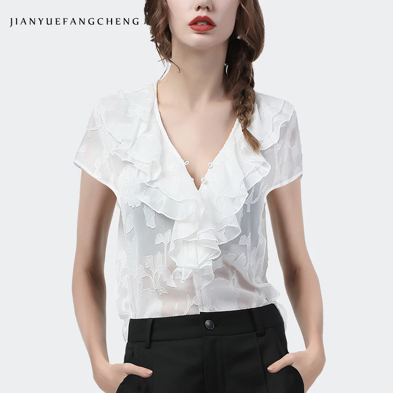 Fashion Women Summer Short Sleeve Ruffles Chiffon Blouse Embroidery Floral Sexy See Through Deep V-Neck Summer Top With Bra