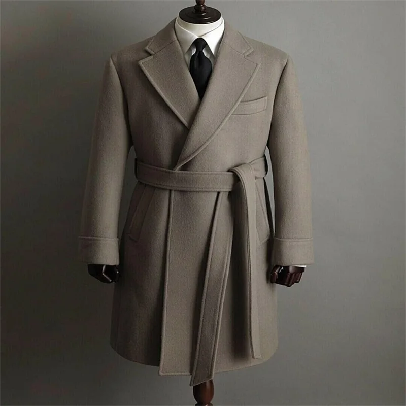 Solid Handsome Men Suits With Belt  Wool Thick Fashion Custom Made Long Men Coat Light Grey Lapel Fashion Business Jacket Cheap