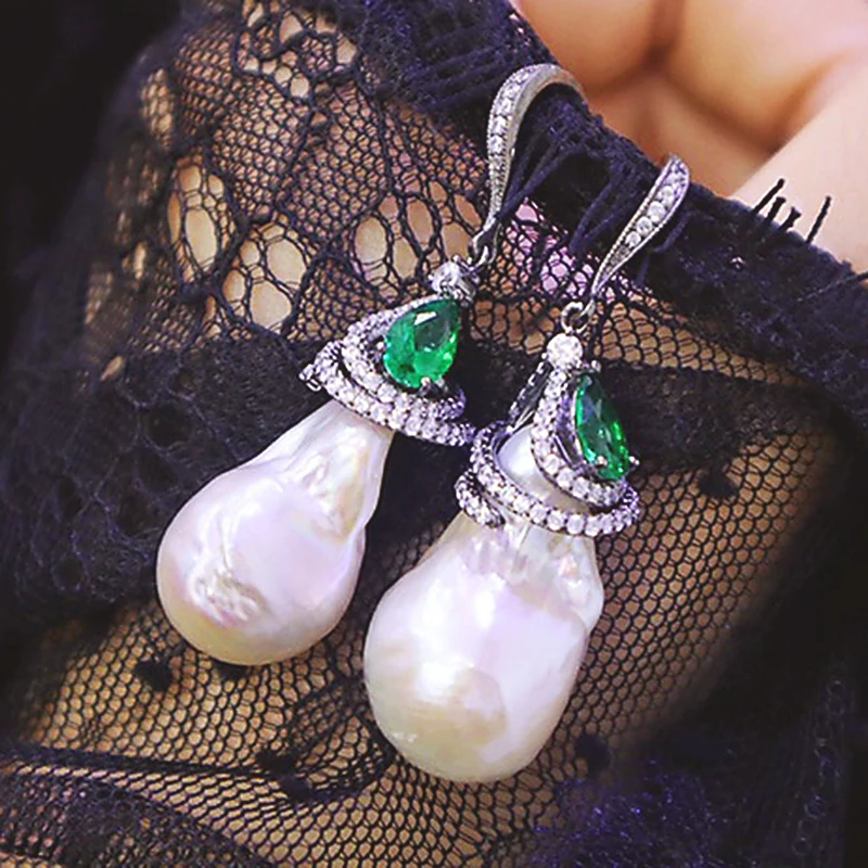 

Fashion Elegant Green White Gray 925 Silver Zircon Gemstone Handmade Natural Large Baroque Drop Earrings for Ladies Gift Party