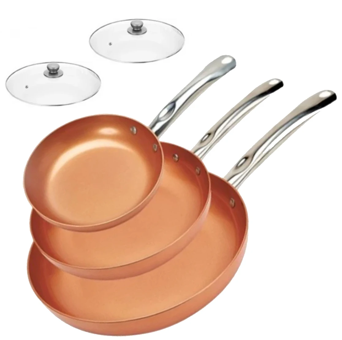 Sarten Antiadherente Set de 3 pack con 2 Tapas Color Cobre Apto para Juego Cocina Horno Mango Acero Y Todo Tipo De Cocinas Ceramica Envio gratuito desde España