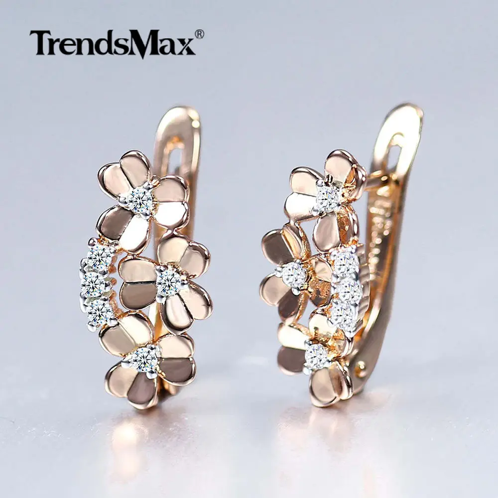 585 Rose Gold Color  Stud Earrings For Women Girl Cubic Zircon Flower Hanging Dangle Earrings Trend Wedding Jewelry Gift GE300