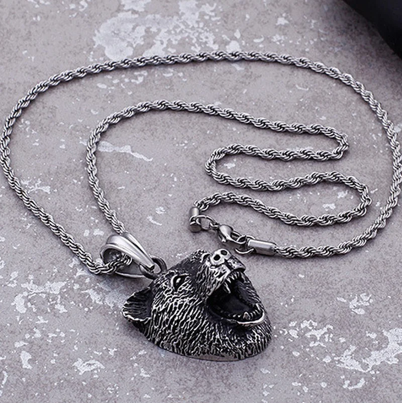 Retro Nordic Wildlife Bear Head High Quality Metal Pendant Necklace for Men Personalized Rock Party Punk Jewelry