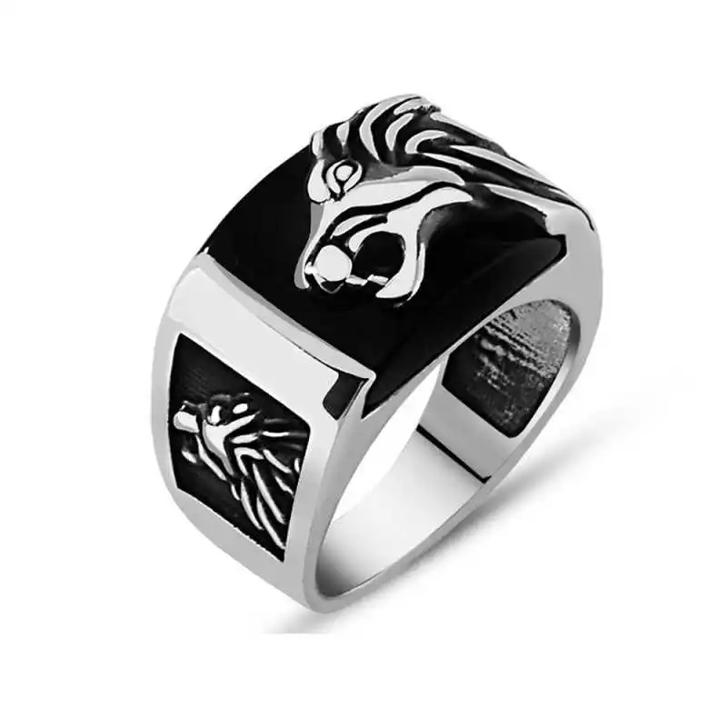 Silver Black Stone Tugra Men's Ring - 925 Sterling Men's Jewelry Wedding Birthday Gift - Box - Men - Fashion - Botiva - Size - Turkish - Patterned Embroidery