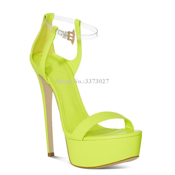 Lady Lemon Yellow Leather Platform Sandals Shoes Fashion New PVC Ankle Buckle Stiletto Heel Gladiator Sandals Women Large Size