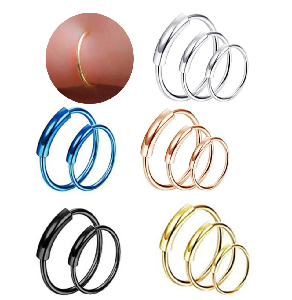 3pc 22g 6/8/10mm Steel Hinged Clicker circle ring Piercing Nose Ring Hoop Lip Ear Body Jewelry Clip Cartilage Tragus Helix Diath