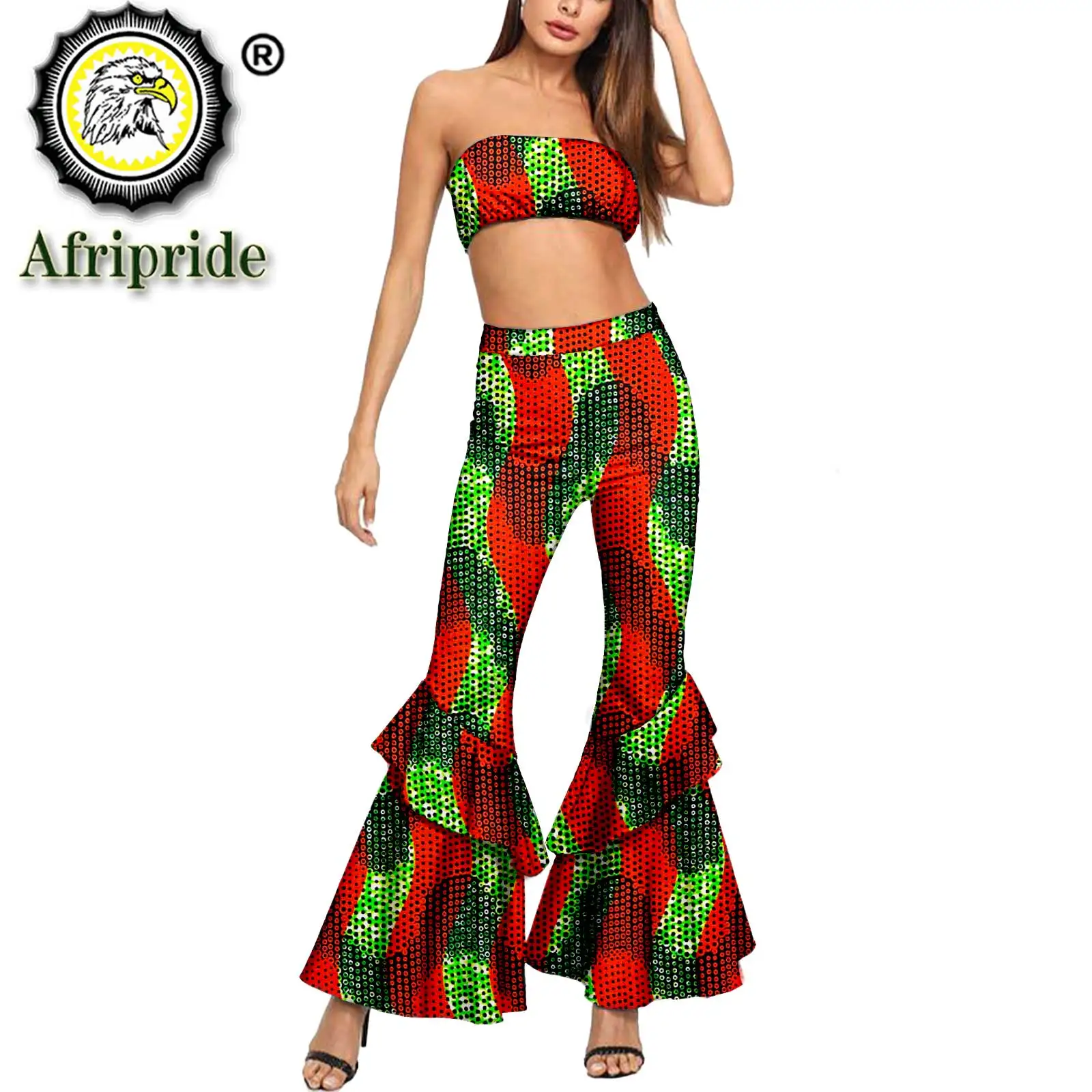 

2024 Summer African Clothes for Women Dashiki Tops and Print Pants 2 Piece Set Sexy Party Strapless Tops Ankara Outfits S2126013