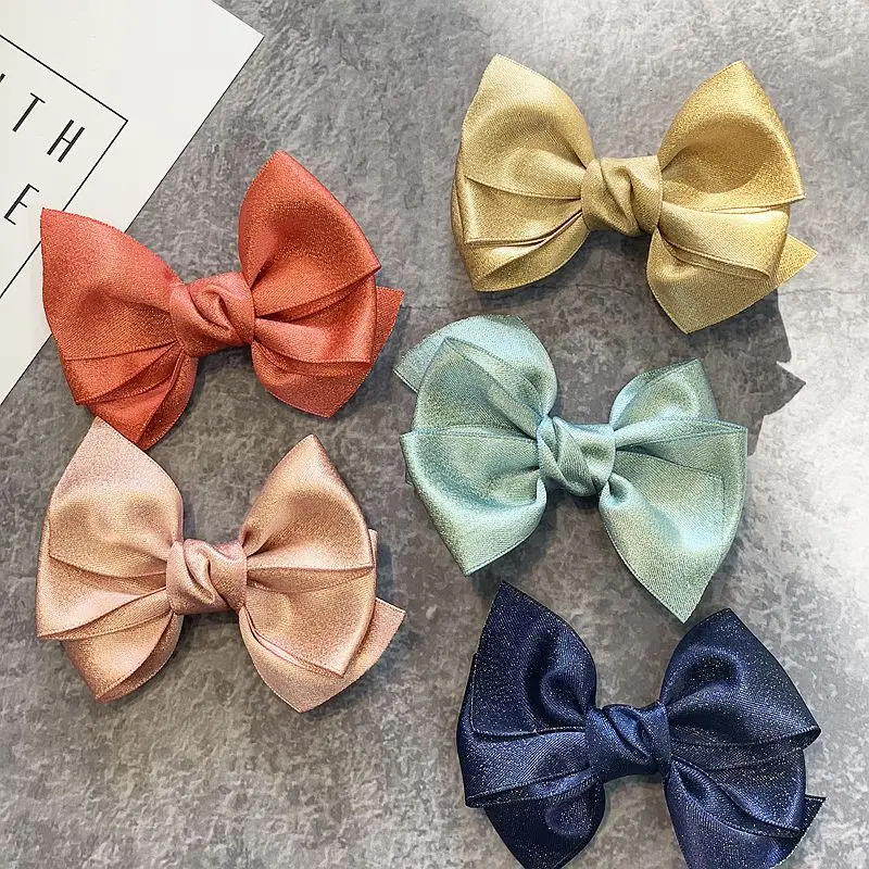 4 pcs/lot , Back To School Hair Bow Clips , 3.5 inches Satin Bow Hairpins Boutique bow Hair Clips, Schoolgirl Hair Accessories