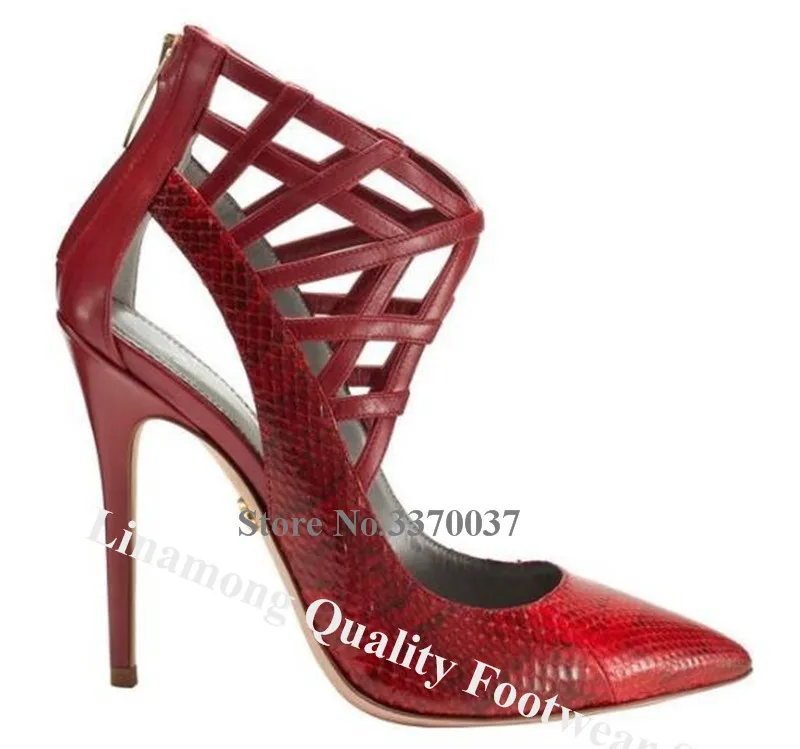 Linamong Elegant Fashion Pointed Toe Stiletto Heel Snake Leather Pumps Ankle Wrap Back Zipper-up High Heels Formal Dress Shoes