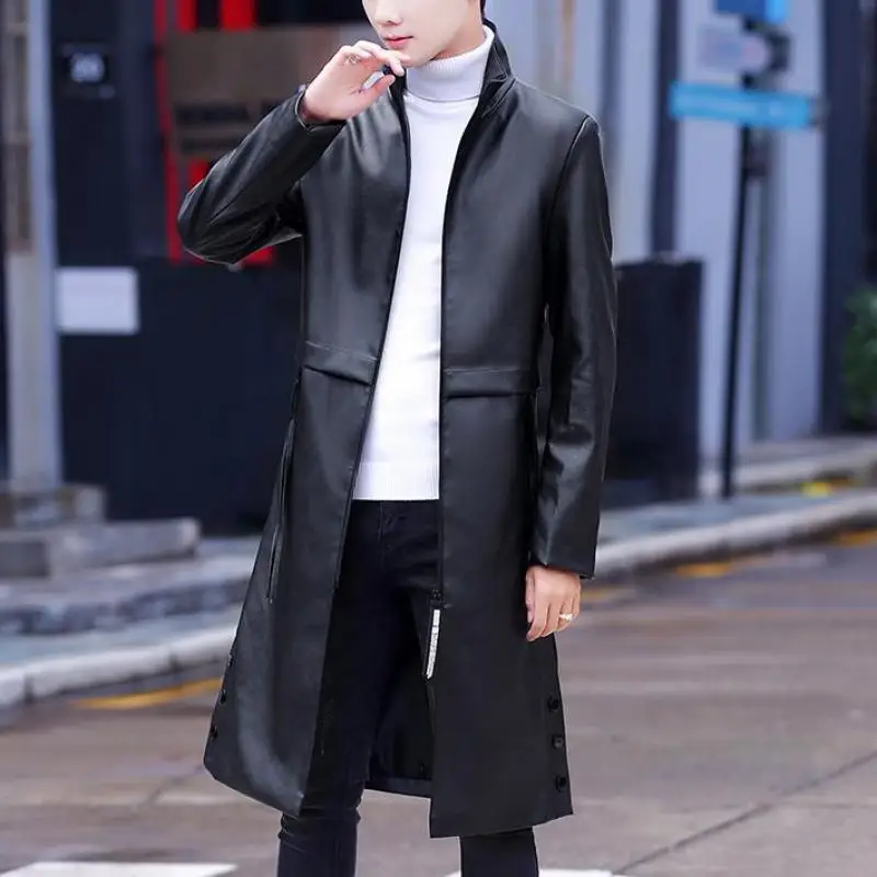 2022 Spring White Long Leather Jackets Mens Leather Trench Coats Stylish Overcoats Stand Collar Steampunk Fashionable Black Slim