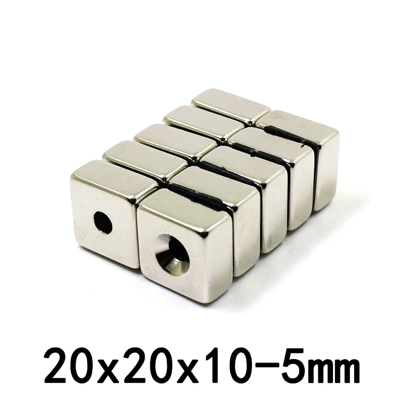 2/5/10pcs  Strong Quadrate 20x20x10-5mm Neodymium Magnet  2Hole 5mm NdFeB Magnetic Block Rare Earth Magnets 20*20*10-5mm