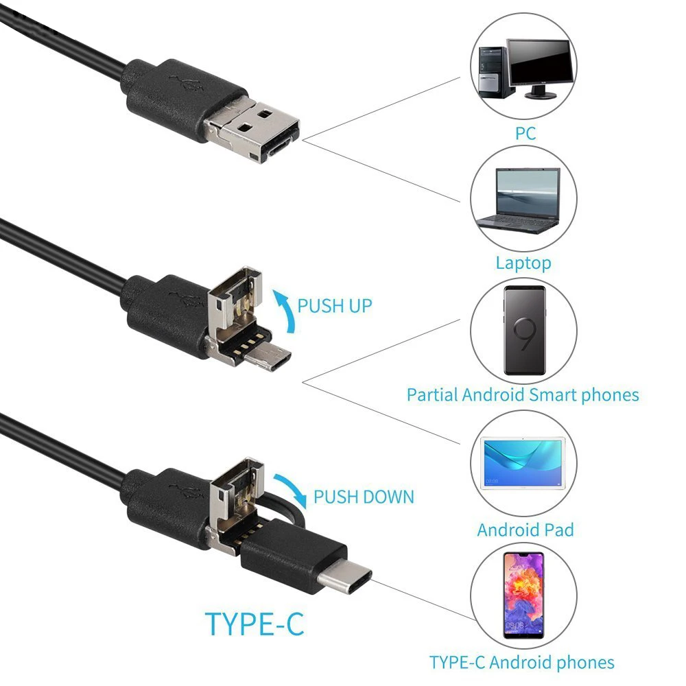 8mm lens Camera Endoscope HD 1200P IP68 2M Hard Flexible Tube Mirco USB Type-C Borescope Video Inspection for Android Endoscope