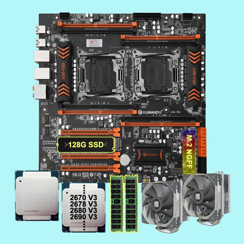 Imagem -01 - Placa-mãe Dual Cpu com Ssd Nvme de 128 gb Cpu Faça Você Mesmo Xeon 2670 2678 v3 2680 2690 v3 Coolers Ram 16g Ddr4 2400 Reg Cec X99-f8d