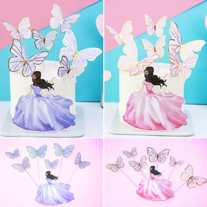 Beauty Butterfly Cake Toppers Flags DIY Cupcake Topper Kids Girl Happy Birthday  Wedding Bride Party Baby Shower Baking Decor