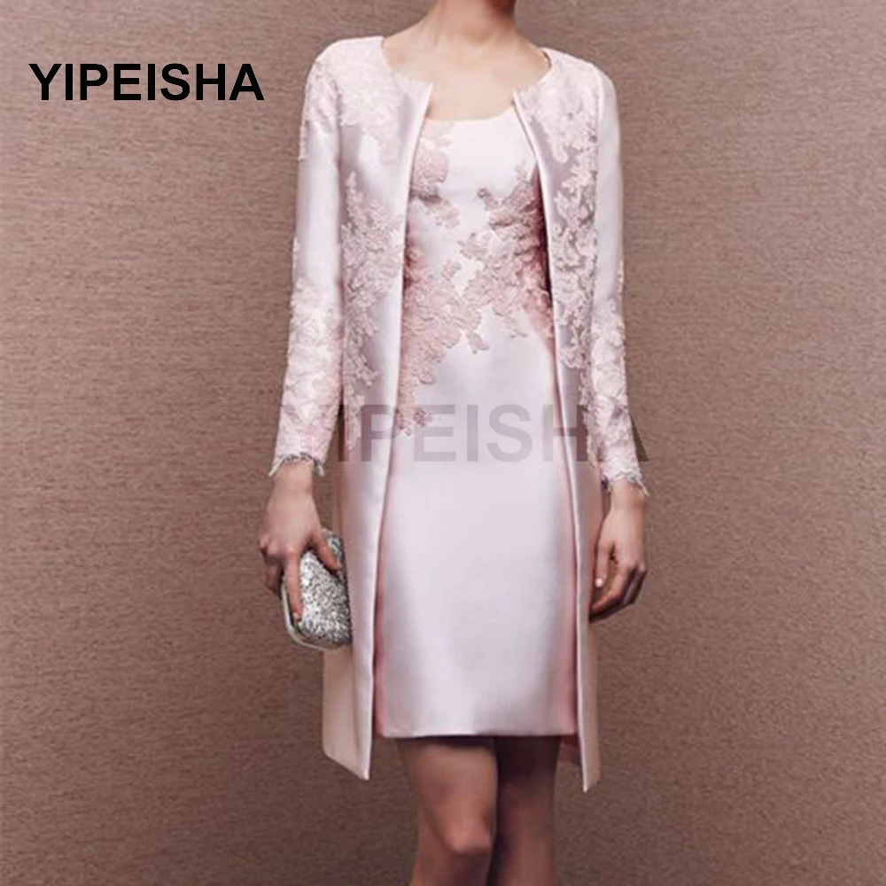 Pink Lace Mother Of The Bride Dresses 2021 Formal Gown Outfit Coat Long Sleeve Jacket Above Knee Length Wedding Guest Dress