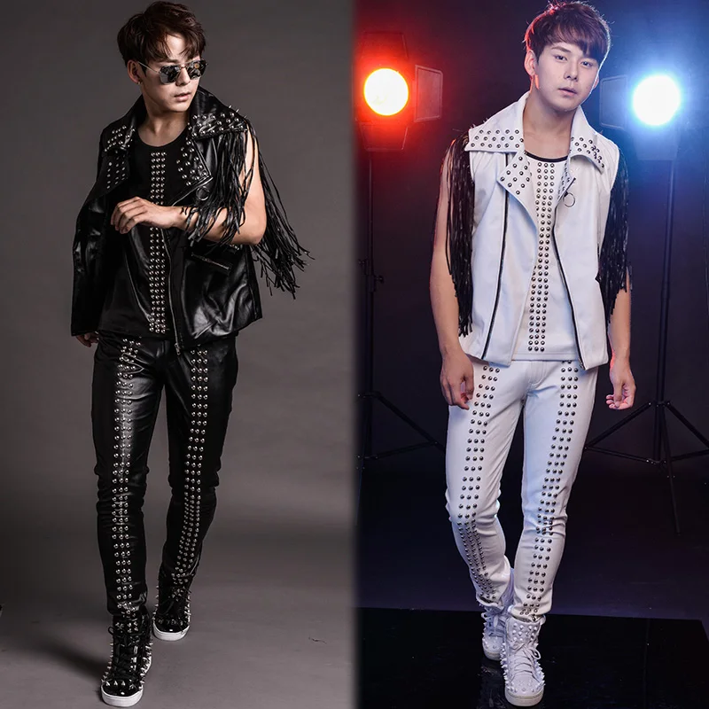 

S-6XL!!Nightclub bar male singer performance clothes stage clothing trend rivet fringe leather vest singing suit cool