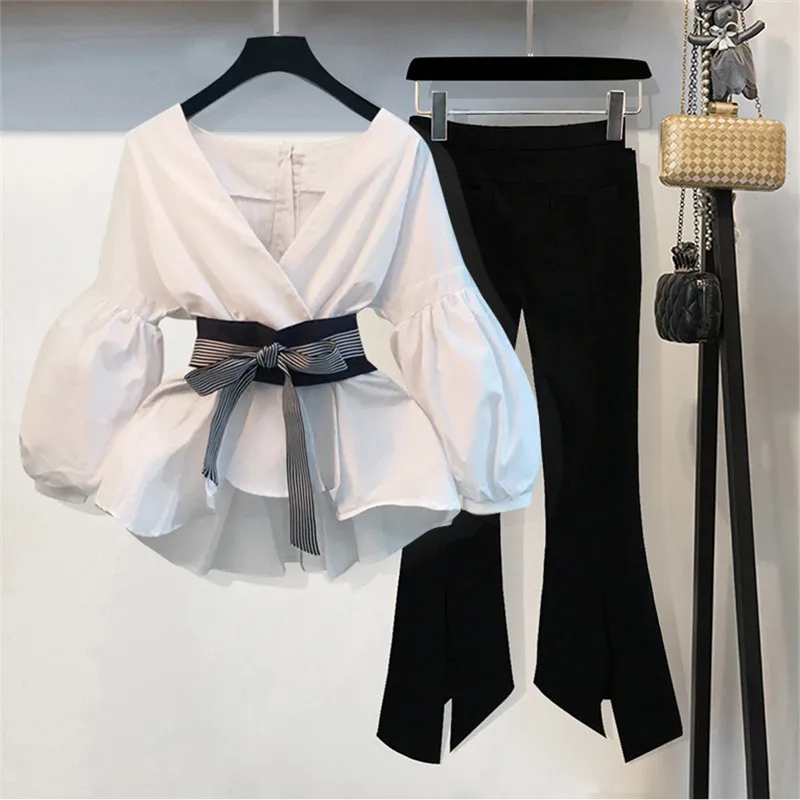 Neploe 2024 New Striped Blouse & Wide Leg Pants Set with Sashes Fashion Puff Sleeve Blusas + Flare Pants 2 PCs Women Suits 68191