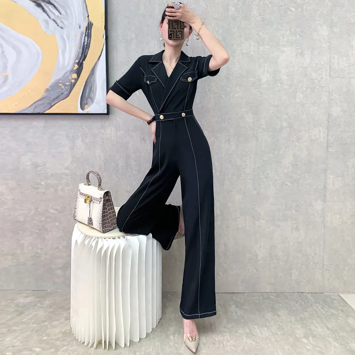 

2021 Summer Women's Fashion Blazer Jumpsuits Long Wide Leg Pants Rompers Office Lady Notched Collar Buttons Jumpsuits