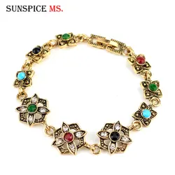 Sunspicems Vintage Bohemia Charm Bracelet Wrist Chain Colorful Stone Retro Gold Silver Plated Women Leisure Jewelry Indian Gift