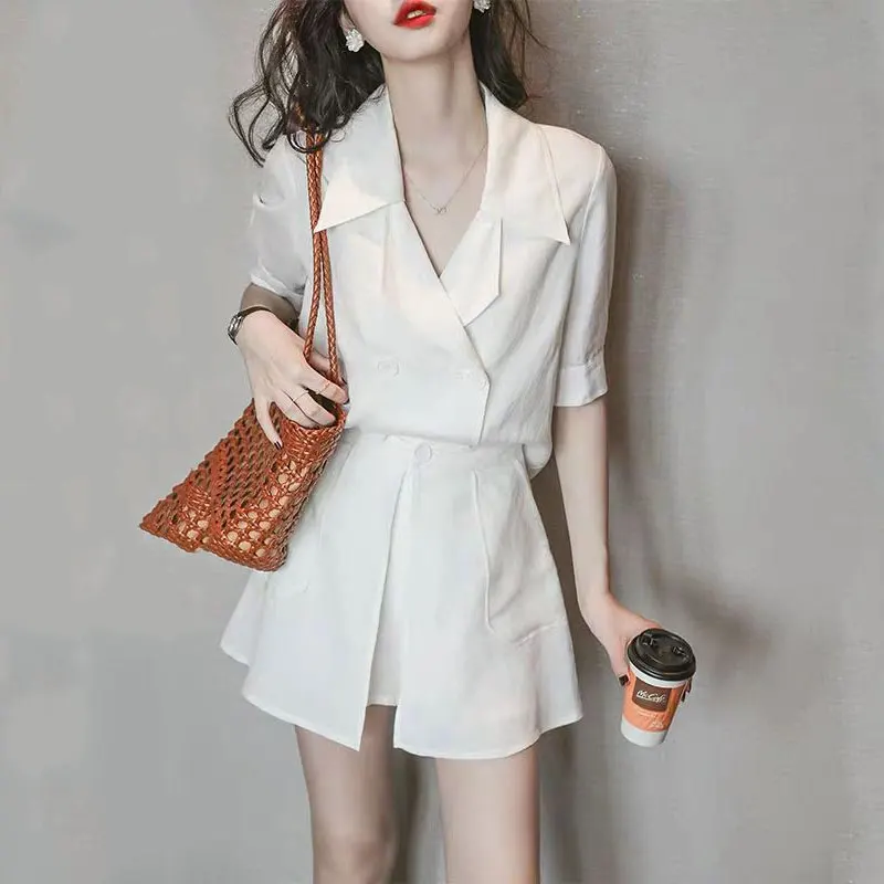 

2021 Fashion Women Casual Short Sleeve Two-Pieces Suit Elegant Solid Shirts And Shorts Set Office Lady Business Suit