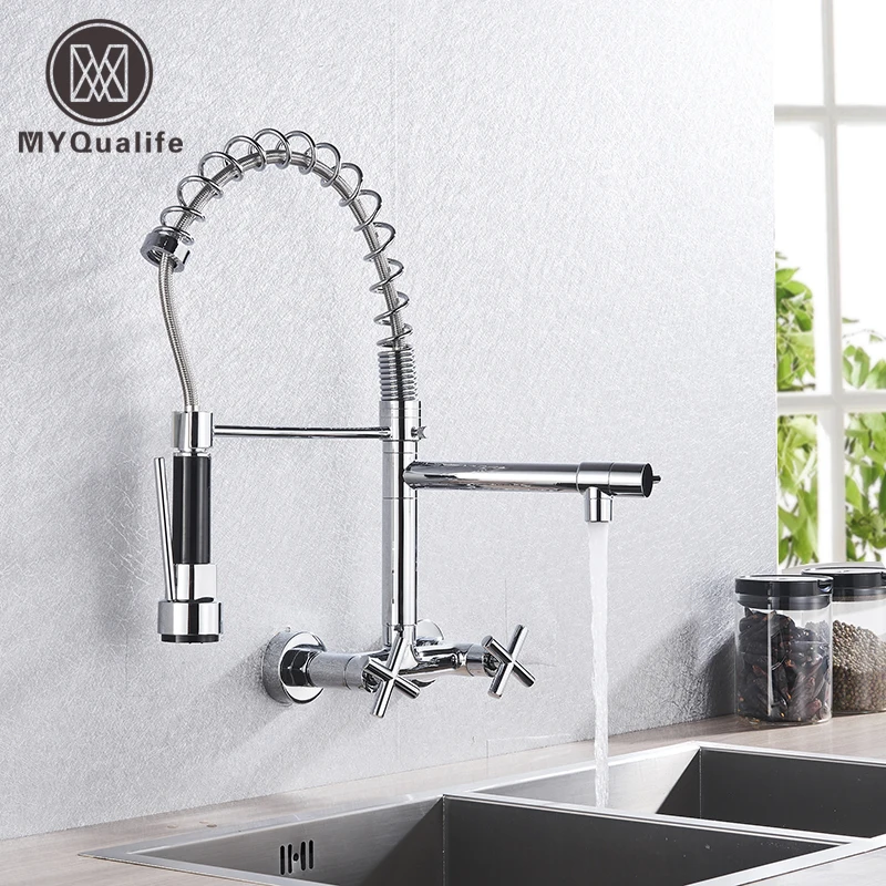 Myqualife Kitchen Faucet Torneira Cozinha Double Handle Mounted On Spring Faucet With 2 Nozzles Chrome Finish New Grifo Cocina