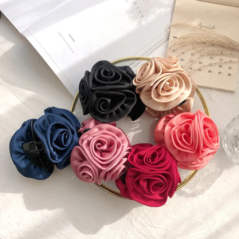 Pink Coffee Red Black Blue Cloth Alloy Acrylic Resin Roses Flowers Hair Claws Jaw Clips Headwear for Women