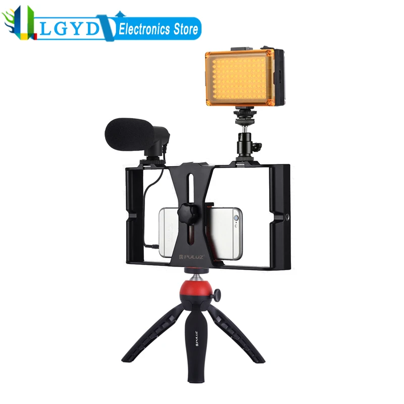 PULUZ Smartphone Video Rig with LED Selfie Light+Microphone + Tripod Mount + Cold Shoe Tripod Head for iPhone, Galaxy, Huawei